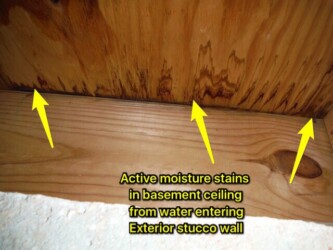 active moisture stains in basement ceiling from water entering exterior stucco wall